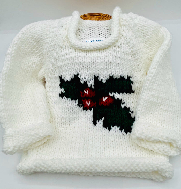 12-18 M White Acrylic Sweater with Holly Berries