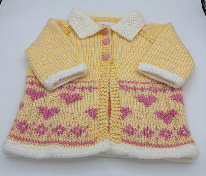 12-18 M Yellow and White Acrylic with Pink Hearts Knit Coat