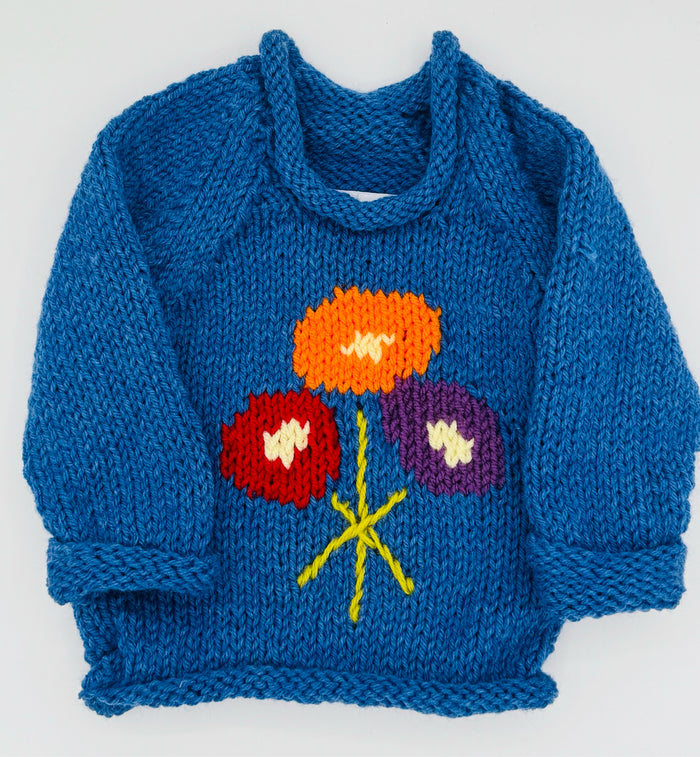 12 M Denim Blue Acrylic Knit Sweater with Flowers
