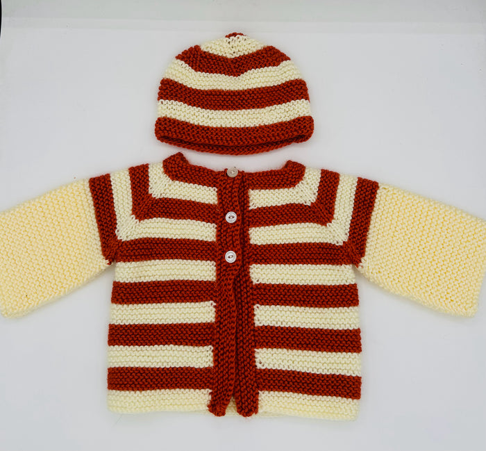 3-6 M Cream and Burnt Orange Stripe Acrylic Cardigan Set with Beanie