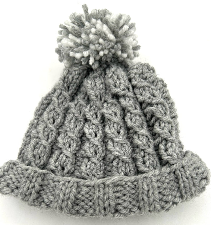 6-12 M - Handknit Gray Cable Hat