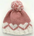 6-12 M - Handknit Pink Hat with White Hearts