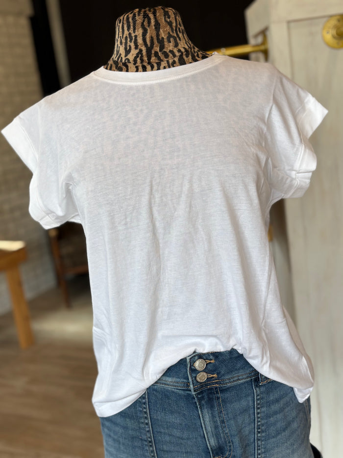 White - Round Neck Folded Short Sleeve T-Shirt