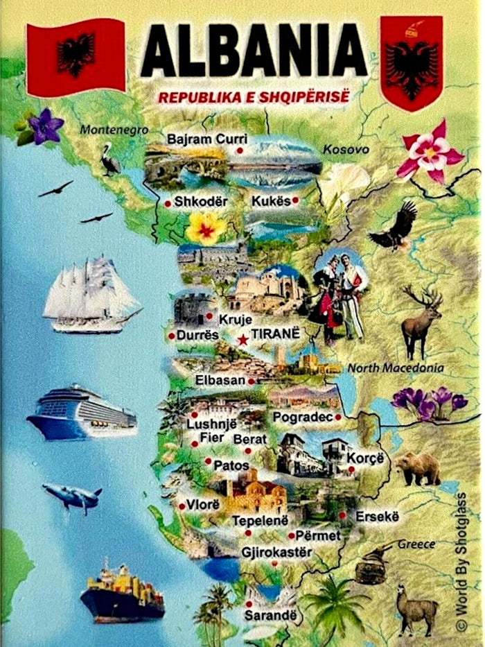 Albania Graphic Map and Attractions Souvenir Fridge Magnet 2.5" X 3.5"