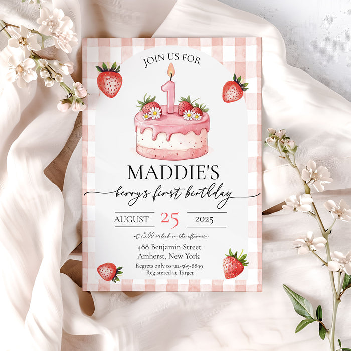Berry First Strawberry Birthday Invitation Template Editable Invitation Corjl Digital Download