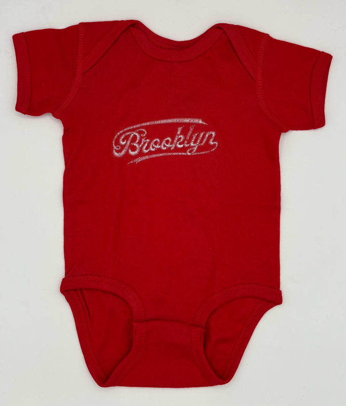 Brooklyn Script Onesie White on Red 12M