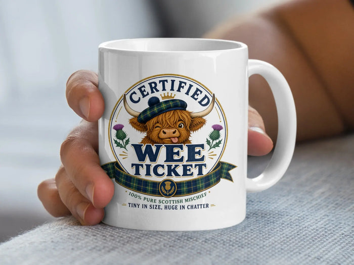 Mug with "Certified Wee Ticket" logo and Scottish Highland cow graphic.