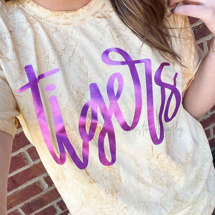 Cursive Tiger Colorblast Tee With Purple Foil