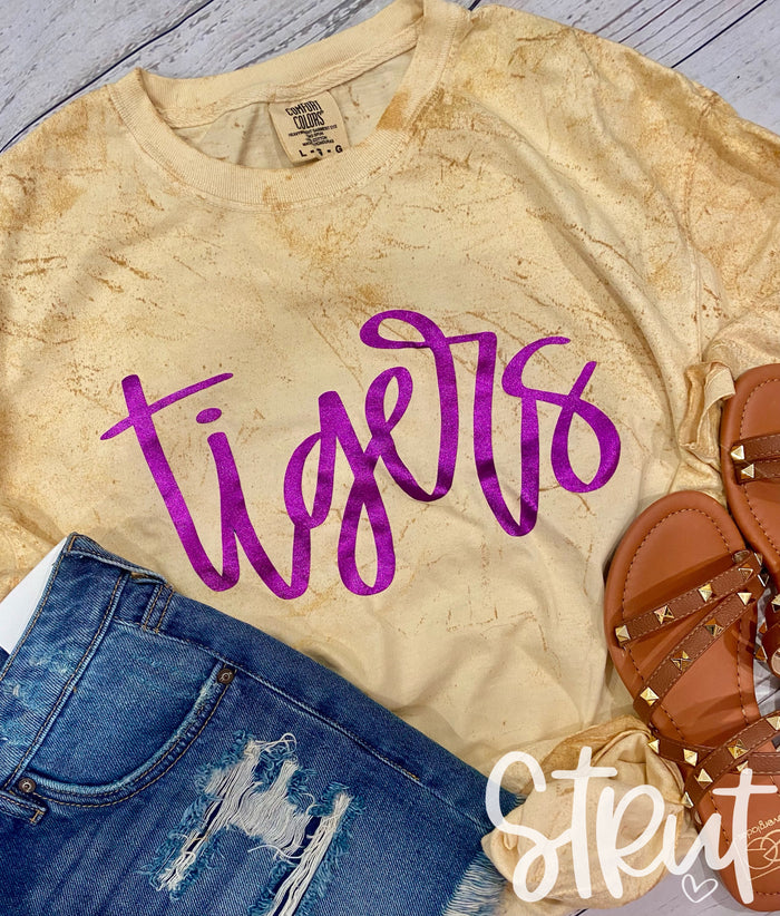 Cursive Tiger Colorblast Tee With Purple Foil