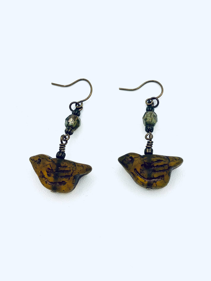 Czech Glass Earrings, Gold Birds