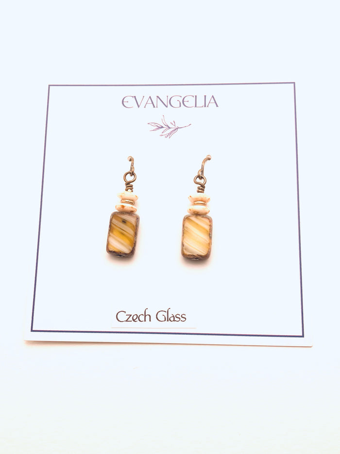 Czech Glass Earrings, Yellow Square