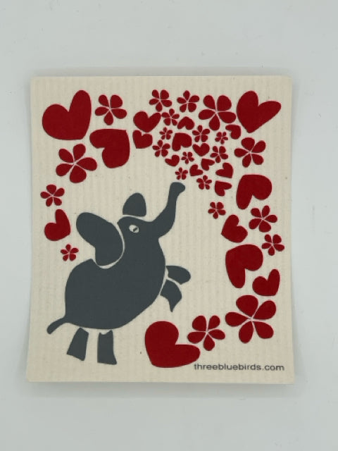 Elephant and Red Hearts Swedish Dishcloth