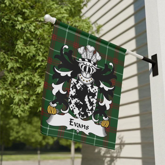 Evans Welsh family crest garden flag on Welsh National Tartan