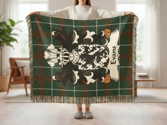 Evans Welsh surname woven cotton tartan blanket with crest-style emblem