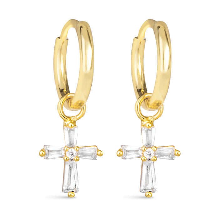 gold hoop earrings with cubic zirconia cross drop