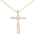 gold cubic zirconia ribbon cross necklace with clover center detail