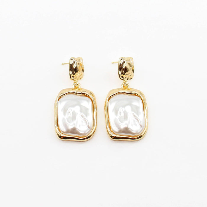 Gold Stud with Freshwater Pearl Rectangle Earrings