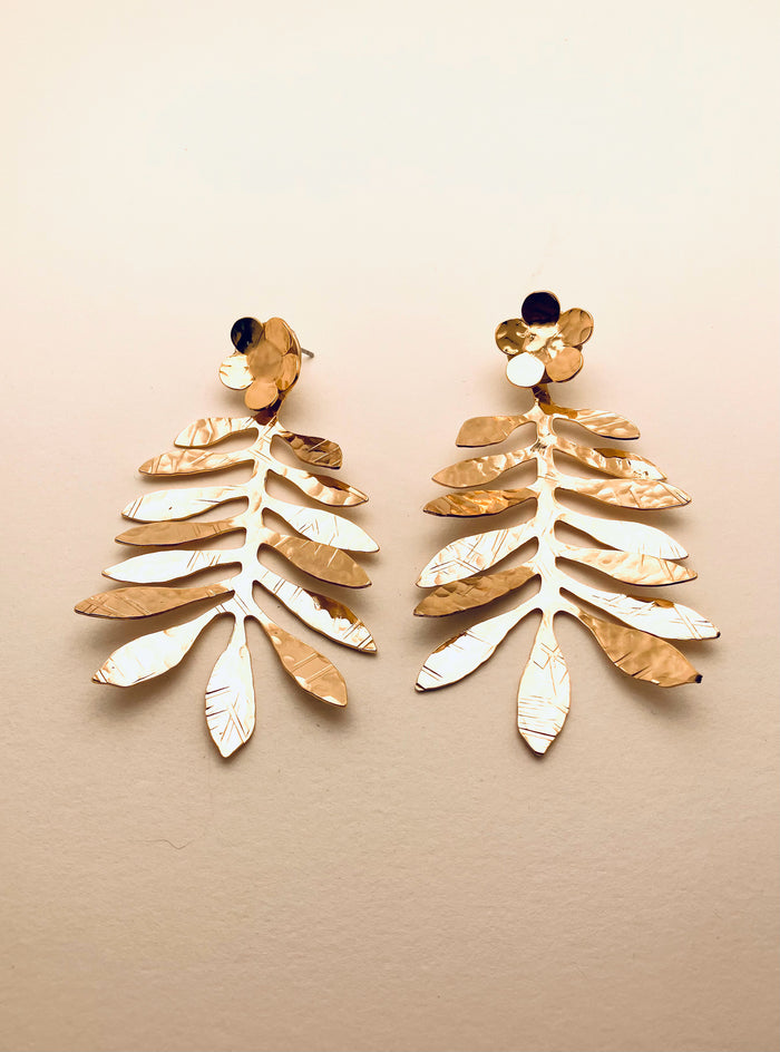 Hand Hammered Olive Branch Earrings with Flower