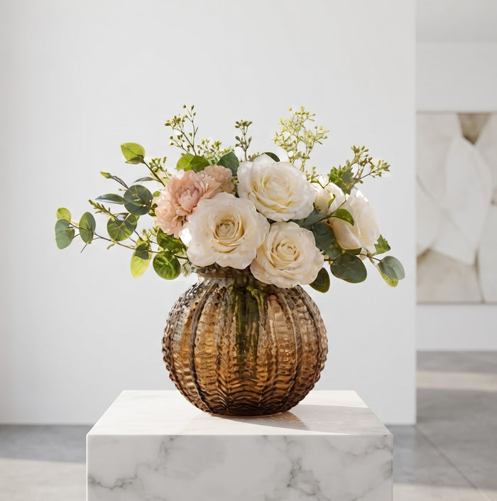 Harvest Fluted Globe Amber Glass Vase (W)
