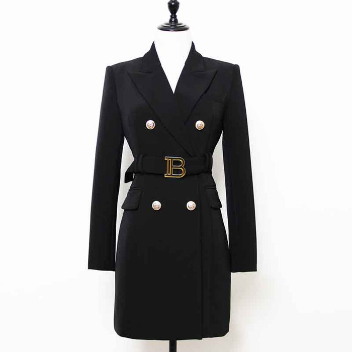 Ladies Belted Double Breasted Blazer Dress Long Sleeves Coat