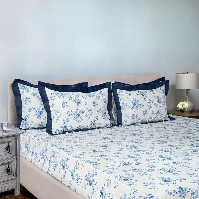 Laska Blue Amber (150 TC) - 100% Cotton King-Size Bedsheet + 2 Pillow Covers