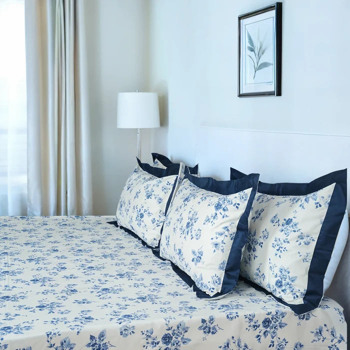 Laska Blue Amber (150 TC) - 100% Cotton King-Size Bedsheet + 2 Pillow Covers
