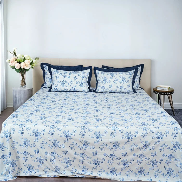 Laska Blue Amber (150 TC) - 100% Cotton King-Size Bedsheet + 2 Pillow Covers