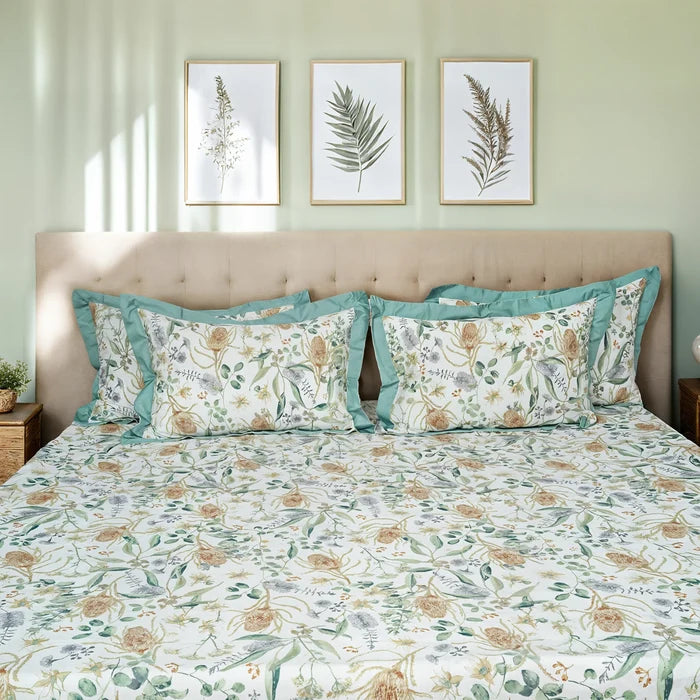 Laska Green Corn (150 TC) - 100% Cotton King-Size Bedsheet + 2 Pillow Covers
