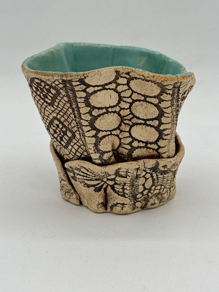 Layered Vase With Tan Exterior & Turquoise InteriorWith Inlaid Lace Design