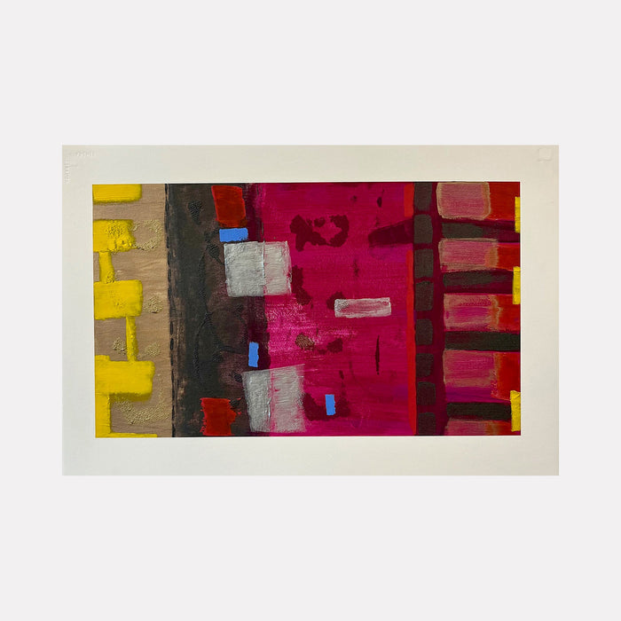 The artwork 'Light A Candle-1' by Cora Jane Glasser features bold geometric abstract composition with vibrant yellow blocks, deep magenta fields, and gray rectangular forms. Acrylic painting shows textural brushwork on paper, creating dynamic vertical patterns in rich burgundy and crimson tones with contrasting bright blue accents.