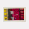The artwork 'Light A Candle-1' by Cora Jane Glasser features bold geometric abstract composition with vibrant yellow blocks, deep magenta fields, and gray rectangular forms. Acrylic painting shows textural brushwork on paper, creating dynamic vertical patterns in rich burgundy and crimson tones with contrasting bright blue accents.