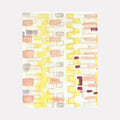 The artwork 'Light A Candle-7' by Cora Jane Glasser features a delicate abstract pattern of rectangular shapes in soft watercolor tones. Yellow, peach, and grey rectangles create a rhythmic vertical composition on white background, with deeper purple accents adding depth. Oil on linen captures subtle color transitions and geometric harmony.