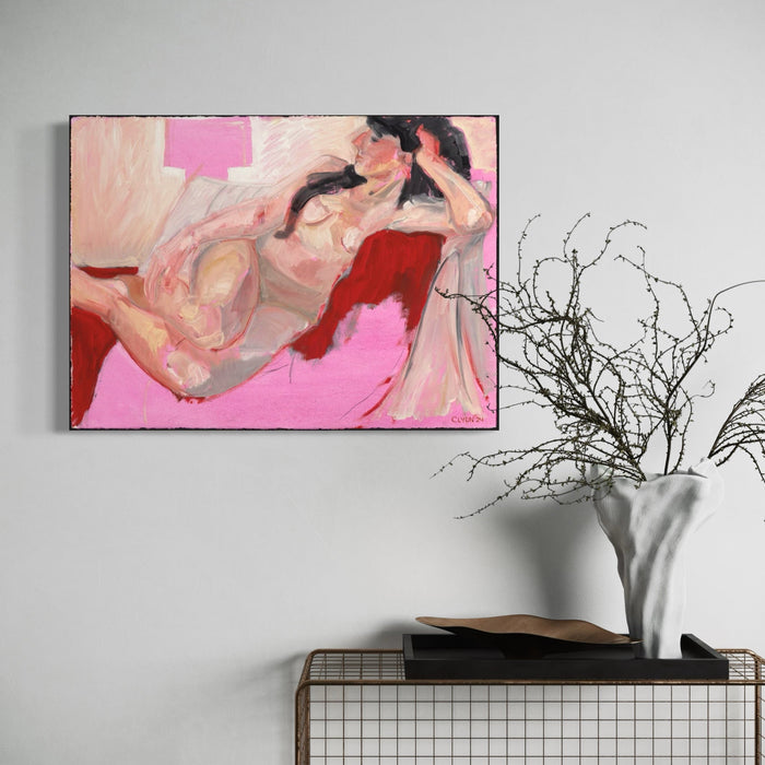 Lisa's Chaise by Cristi Lyon: Abstract oil painting depicting a reclining figure in soft peachy tones against a vibrant pink background. Bold red accents and fluid brushstrokes create a contemporary impressionistic style on oil paper, measuring 22 inches high by 30 inches wide. - By Cristi Lyon
