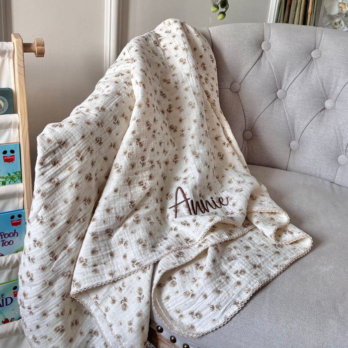 Mabel & Fox - Personalised Baby Muslin Cotton Blanket - Camellia - Mabel & Fox
