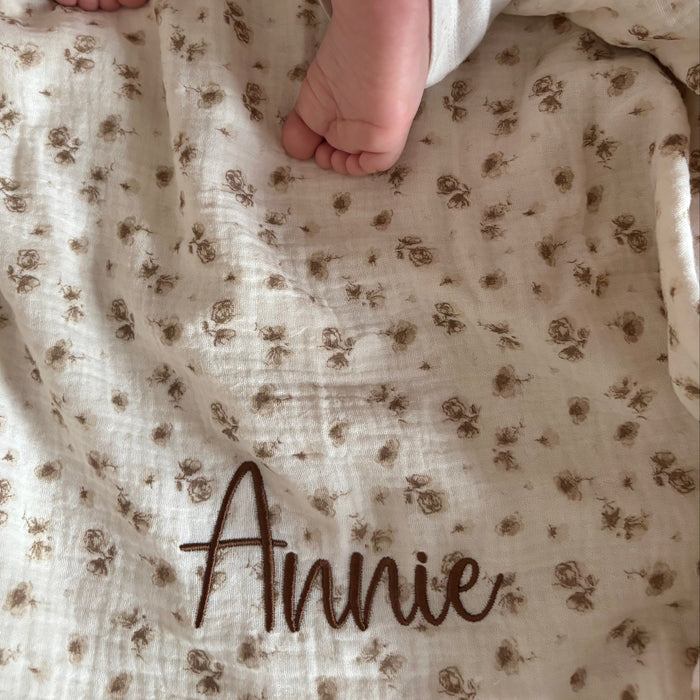 Mabel & Fox - Personalised Baby Muslin Cotton Blanket - Camellia - Mabel & Fox