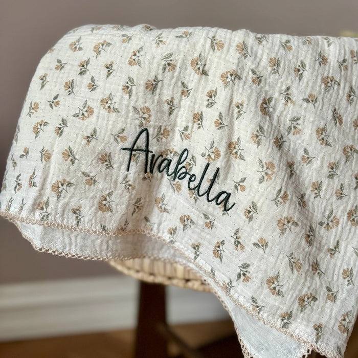 Mabel & Fox - Personalised Baby Muslin Cotton Blanket - Dainty Floral - Mabel & Fox