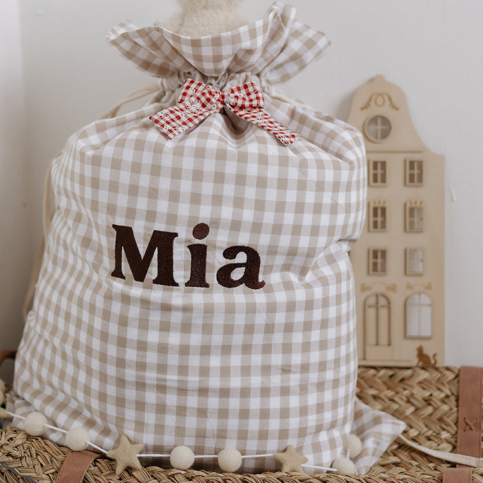 Mabel & Fox - Personalised Beige Gingham Gift Sack - Embroidered - Mabel & Fox