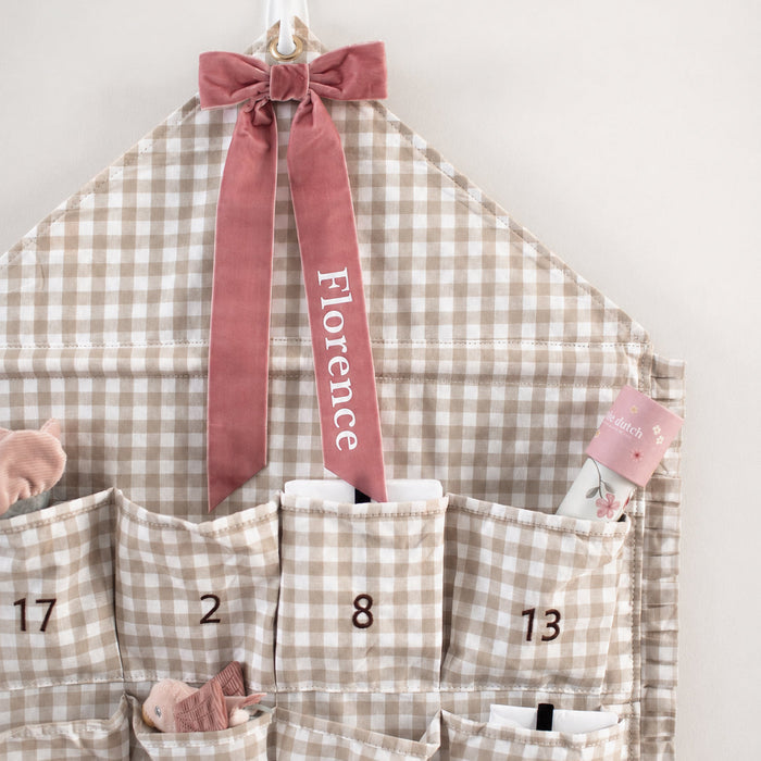 Mabel & Fox - Personalised Beige Gingham Ruffle Advent Calendar - Velvet Bow - Mabel & Fox
