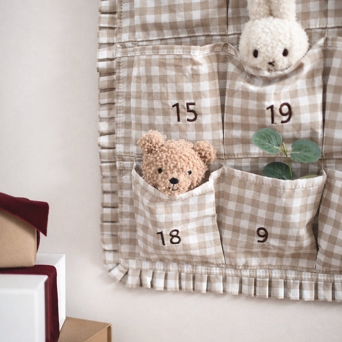 Mabel & Fox - Personalised Beige Gingham Ruffle Advent Calendar - Velvet Bow - Mabel & Fox