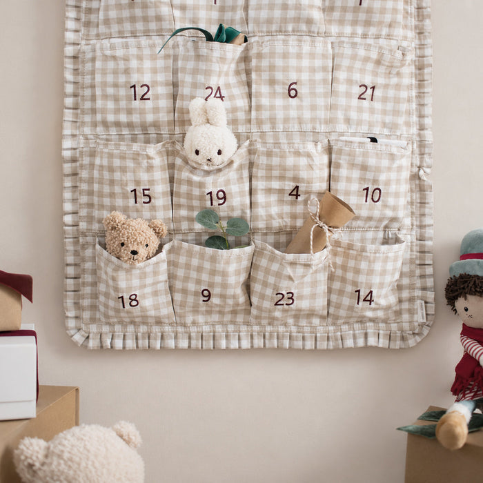 Mabel & Fox - Personalised Beige Gingham Ruffle Advent Calendar - Velvet Bow - Mabel & Fox