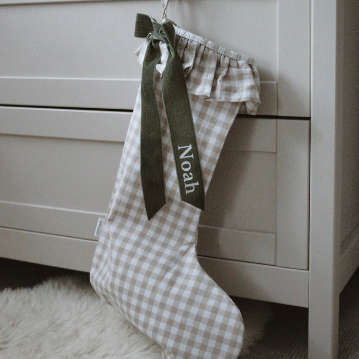 Mabel & Fox - Personalised Beige Gingham Stocking - Velvet Bow - Mabel & Fox