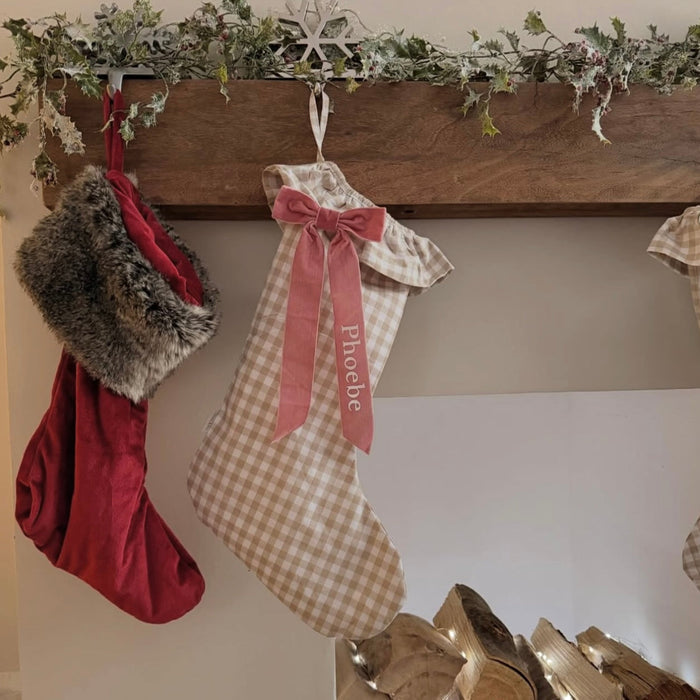 Mabel & Fox - Personalised Beige Gingham Stocking - Velvet Bow - Mabel & Fox
