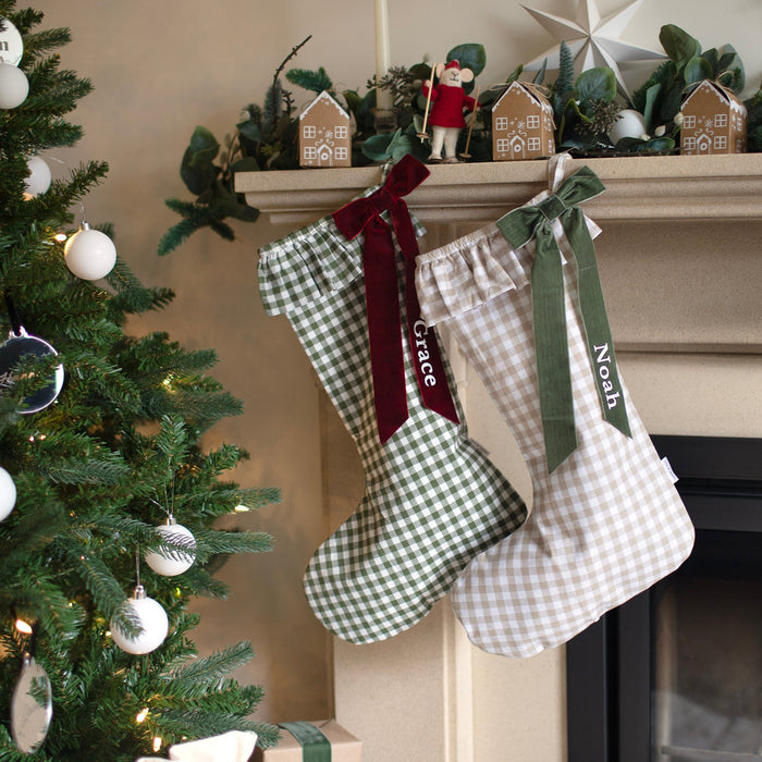 Mabel & Fox - Personalised Beige Gingham Stocking - Velvet Bow - Mabel & Fox