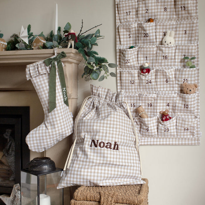 Mabel & Fox - Personalised Beige Gingham Stocking - Velvet Bow - Mabel & Fox