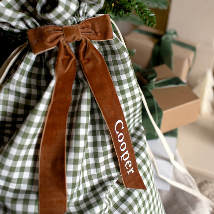 Mabel & Fox - Personalised Green Gingham Gift Sack - Velvet Bow - Mabel & Fox