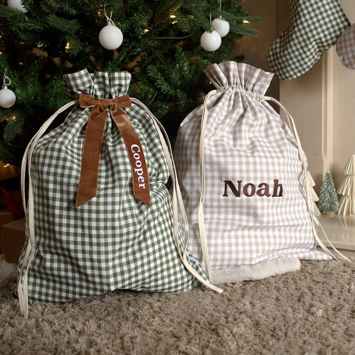 Mabel & Fox - Personalised Green Gingham Gift Sack - Velvet Bow - Mabel & Fox