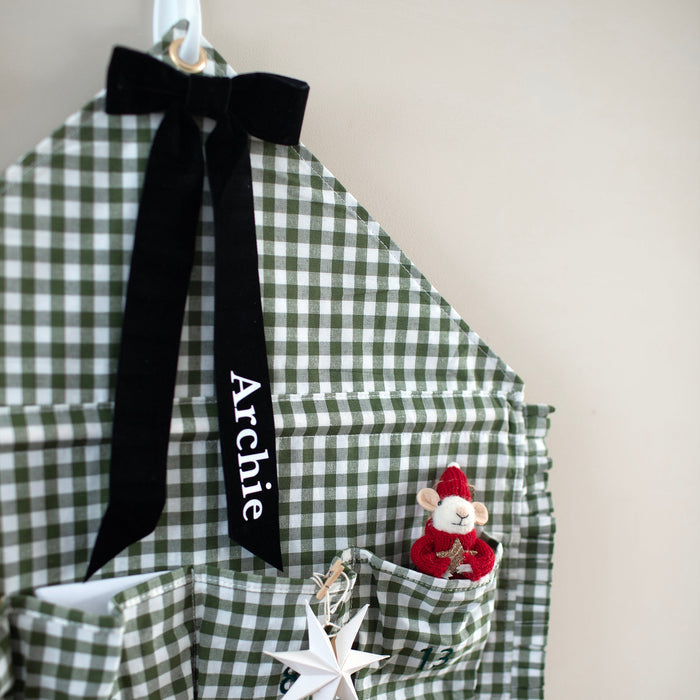 Mabel & Fox - Personalised Green Gingham Ruffle Advent Calendar - Velvet Bow - Mabel & Fox