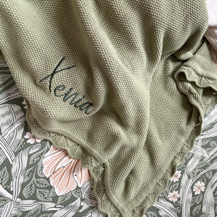 Mabel & Fox - Personalised Knitted Baby Blanket - Sage Green - Mabel & Fox