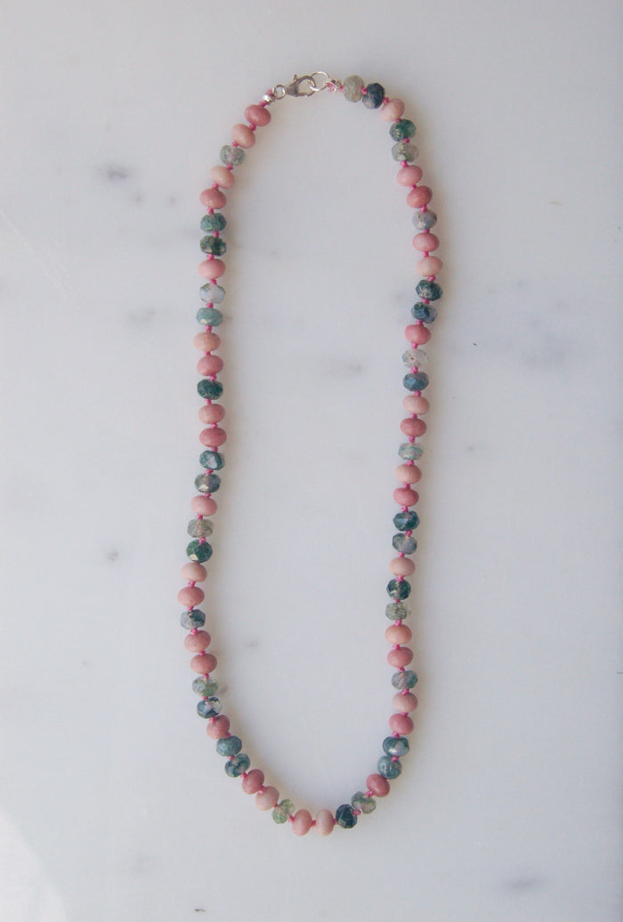 Moss Agate and Rhodonite Knotted Necklace