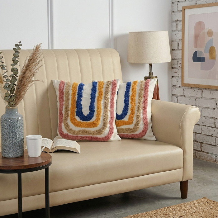 Multi-Tone Contrast Rainbow Hand-Tufted Cushion Covers - 16*16 inches Set of 2 (TFB)